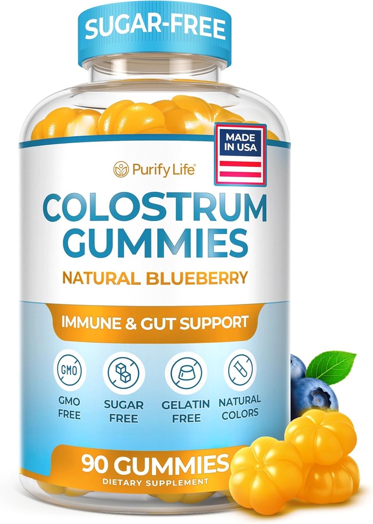 Sugar-fri Colostrum Gummies (1500mg) Bovine Colostrum for mennesker, Gras-Fed Supplement for Gut Helse, Leaky Gut Repair, Immunstøtte, Hud helse - 35% IgG Per Serving