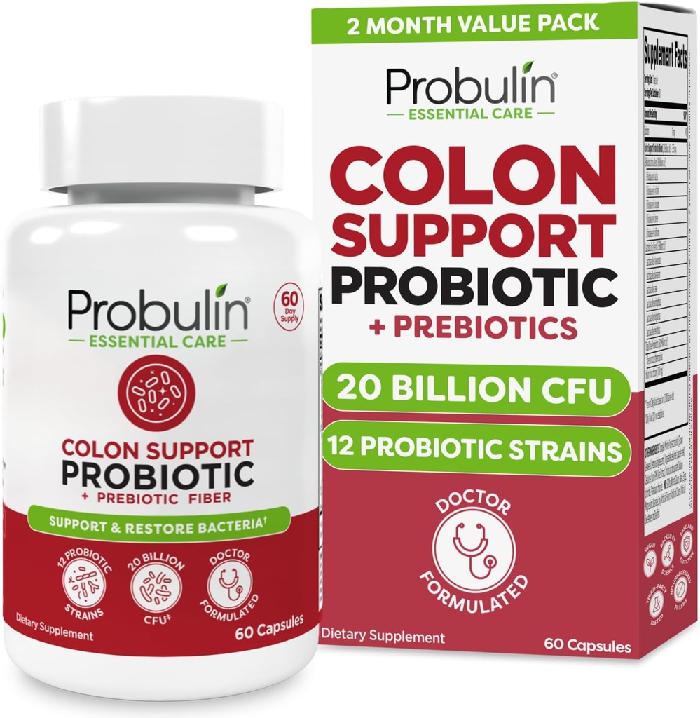 Probulin Colon støtte Probiotiske Supplement, Daily Gut, Digestive, og immun helse Probiotika Kapsler for menn og kvinner, 20 milliarder CFU, Vegan, 60 greve flaske