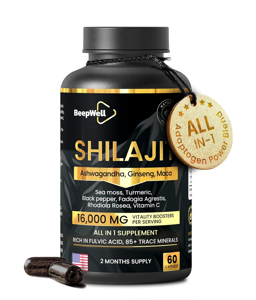Shilajit kapsler for menn og kvinner, 16.000mg ren Himalayan Organic Shilajit støtter vitalitet og velvære,Premium ren Himalayan Supplement 2 måneders forsyning, 60 kapsler