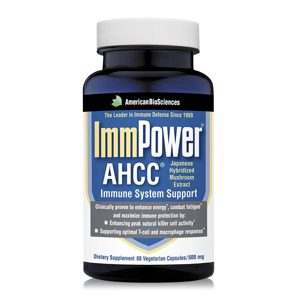 American BioScienss ImmPower AHCC Herbal Mushroom Supplement, 500 mg per kapsel for immunstøtte, opprettholder naturlig dreper celleaktivitet, pakke med 1, 60 Veggie kapsler