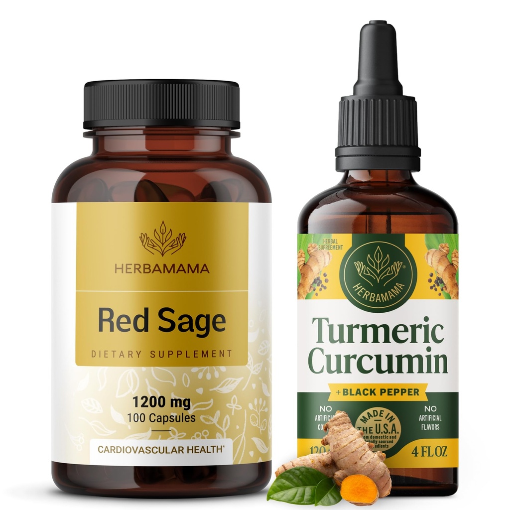 HERBAMAMA Rød Sage og Turmeric Kit - Bundle på 1200 mg Rød Sage Dan Shen Kapsler & Turmeric Curcumin Drops 2 fl oz - Vegansk, ikke-GMO, sukker og alkohol-fri - 2 Pack