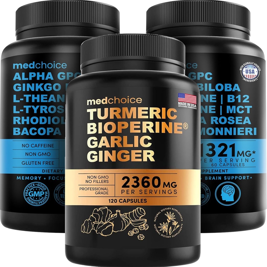 Med CHOICE Turmeric & Ginger (120ct) og Nootropic Brain (120ct) Supplement Bundle - Velvære Duo for felles, Digestion, Hjerne, & Mood Support - Vegansk, ikke-GMO, Glutenfri