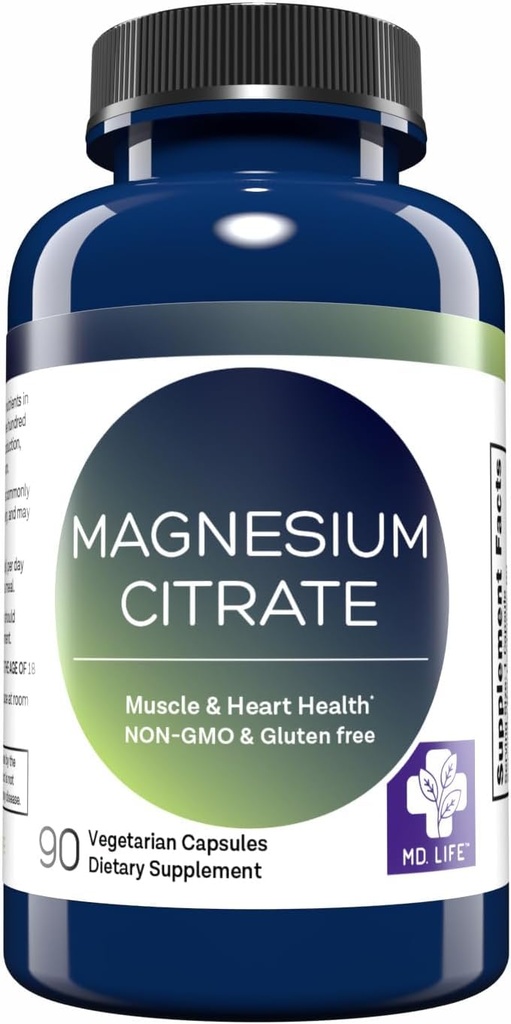MD. Life Magnesium Citrat 250 mg – 90 kapsler – høy absorpsjon Magnesium Citrat Supplement – lett å svelge kapsler for muskler, nerve, hjerte, søvn og bein støtte
