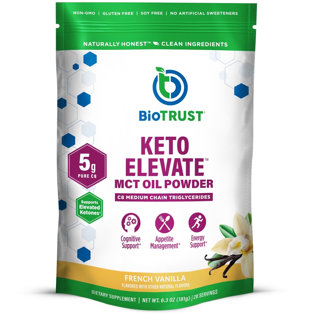 BioTrust Keto Elevate – C8 MCT oljepulver – Ketogen MCT kaffekremer, keto kaffekremer – ren energi, mental fokus, klarhet – 100% kaprylsyre MCT pulver, ikke-GMO(fransk vanilla, 20 serveringer)
