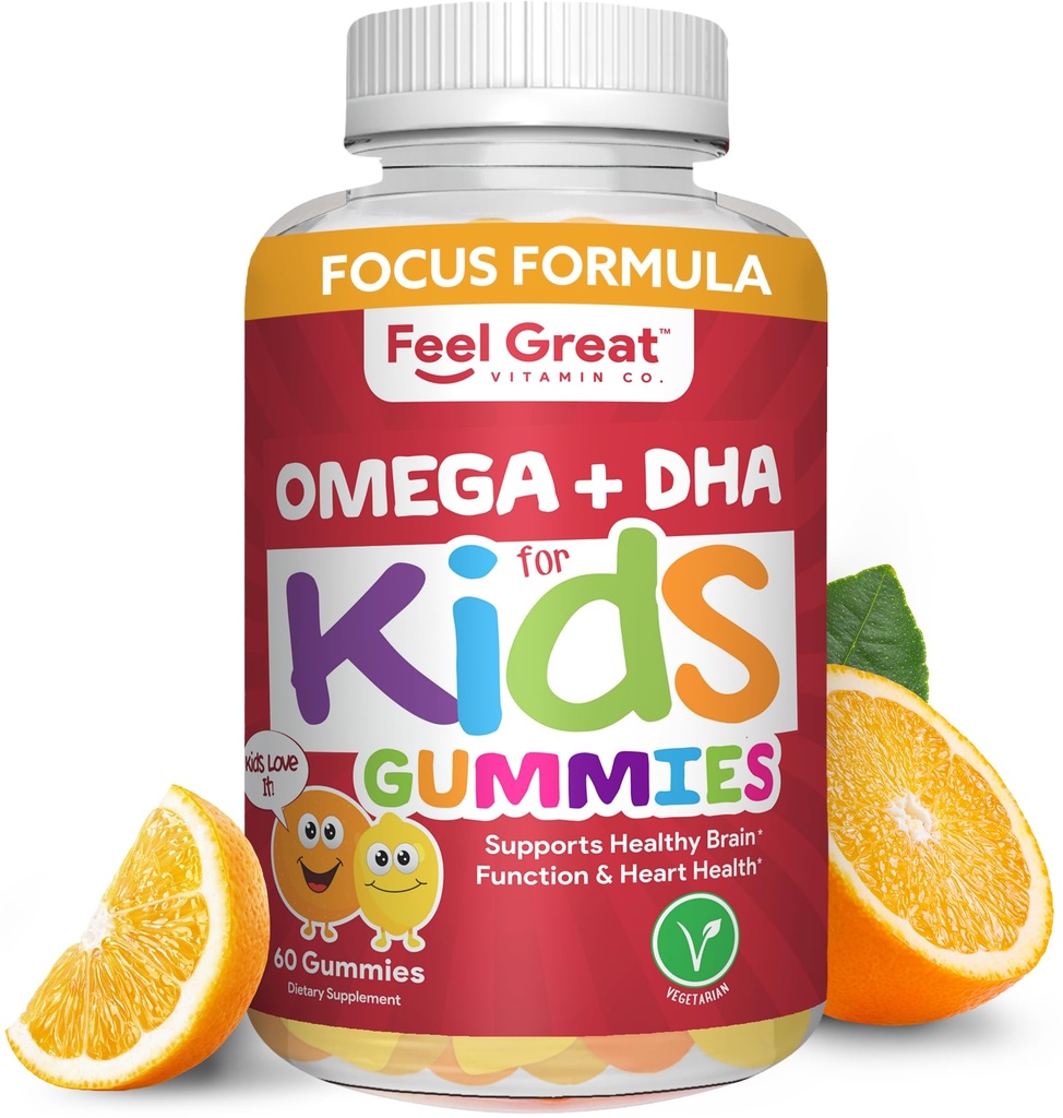 Feel Great Vitamin Co. Komplett DHA Gummier for barn | med Omega 3 6 9 + DHA, Vitamin C | Støtter Sunn Hjernefunksjon, Visjon & hjerte helse | Glutenfri, vegetarisk | 60 Gummies