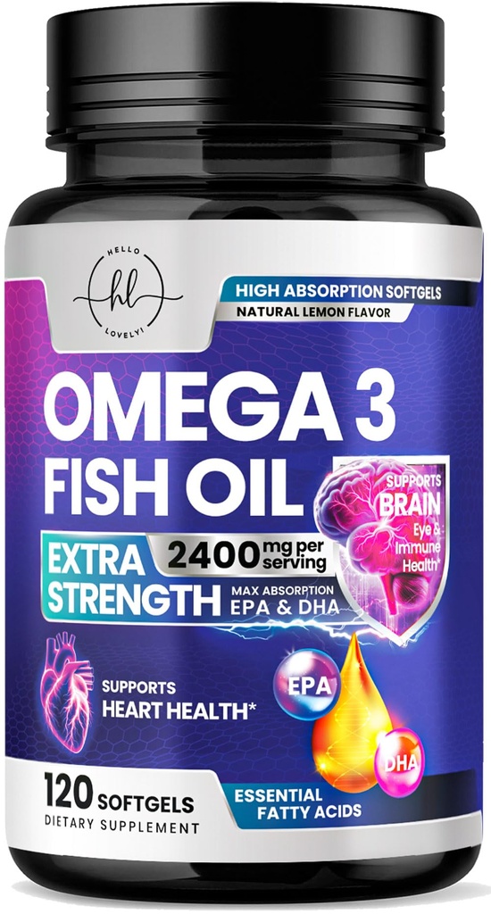 Omega 3 Fish Oil Supplements 2400mg - Trippel styrke Omega 3 fettsyrer, naturlig hjertehelse Hjerne og felles støtte - fettsyrer med EPA & DHA - Wild Fanget Fish Oil Supplement - 120 Softgels
