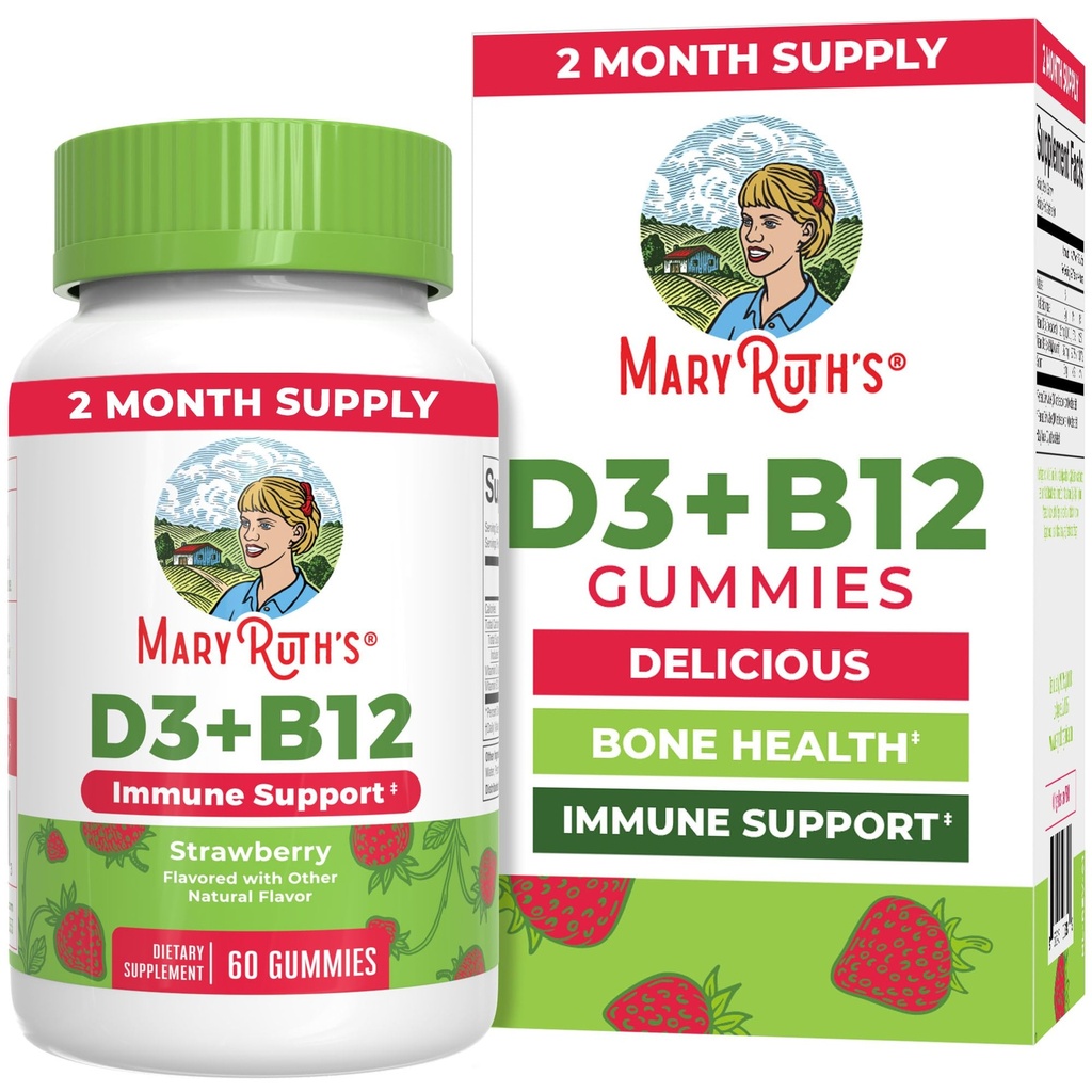 MaryRuth Organics Vegan vitamin D3 + Vitamin B12 Gummies | 2 måneders forsyning | Støtter Bone Helse | Immunstøtte Supplement | Energitilskudd | Methyl B12 Vegan ikke-GMO Glutenfri | 60 Services