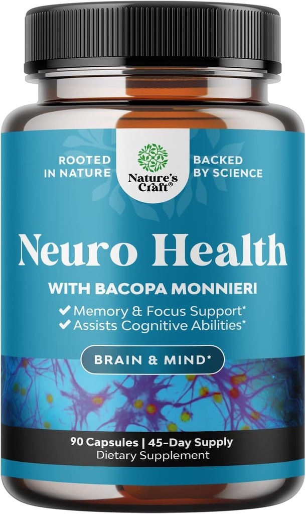 Nootropisk brain Supplement for minne og fokus Støtte - Vitaminer for mental støtte og klarhet med Bacopa Monnieri, VIT A, B6, Riboflavin, Niacin, Thiamin & Folate - Kognitiv kompleks - 90 Ct