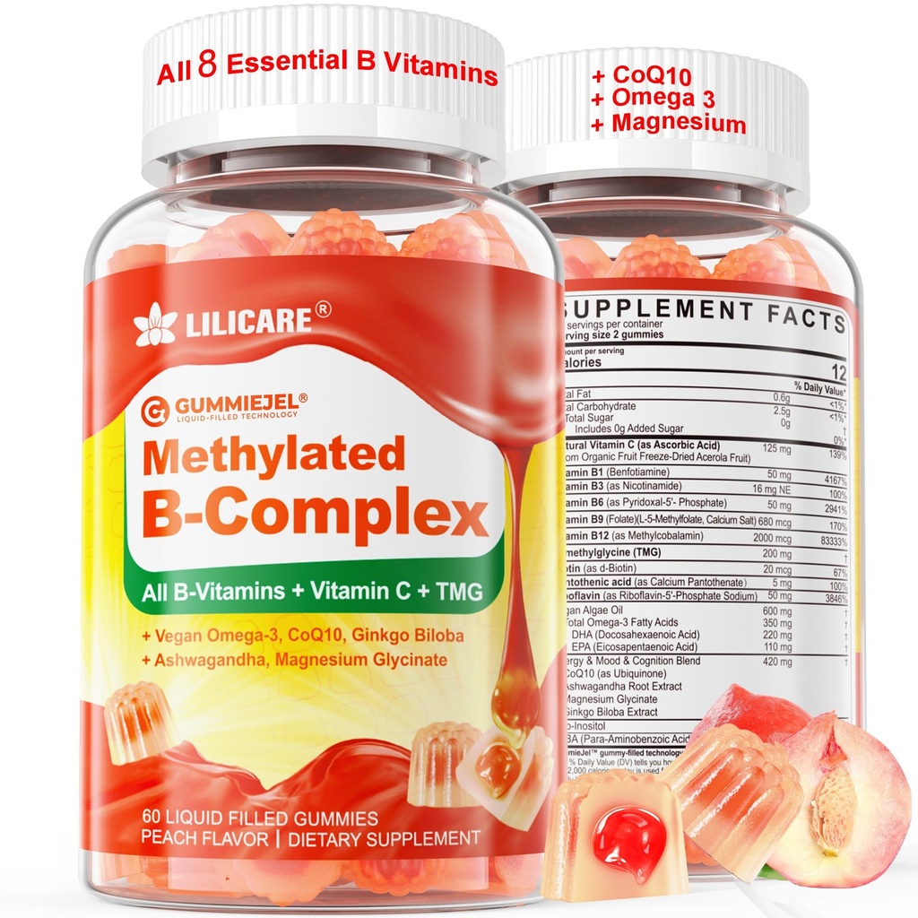 Supermetylert vitamin B komplekse gummier - Alle B-vitaminer + Omega-3, magnesium, CoQ10, Ashwagandha,Vitamin C, TMG- For kvinner menn- Metyl B12 2000 mg, Metylfolat, B1,B2, B3,B5,B6,B7-sugar gratis