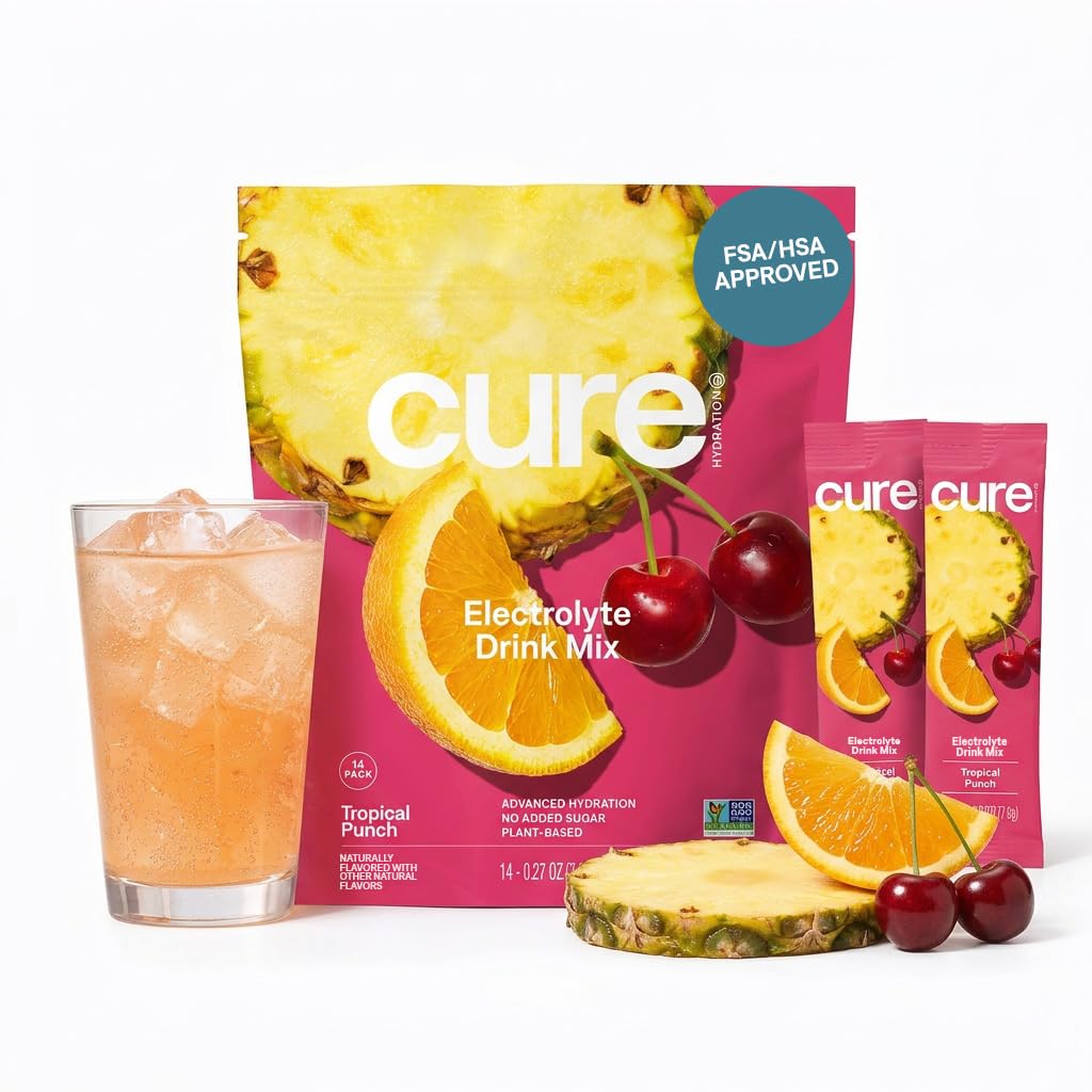 Cure Hydration | Plantebasert elektrolyt drikkblanding | Ingen tilsatt sukker | FSA-HSA | Dehydrering Relief pulver laget med kokosvann | Ikke-GMO | Vegansk | Pouch av 14 pakker - Tropisk Punch