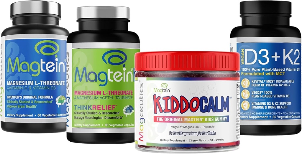 Magtein Magnesium L-treonat 60 kapsler, Magceutics MagteinPRO 90 kapsler, KIDDCALM Gummies 90 kapsler, vitamin D3 K2 30 kapsler - Bundle
