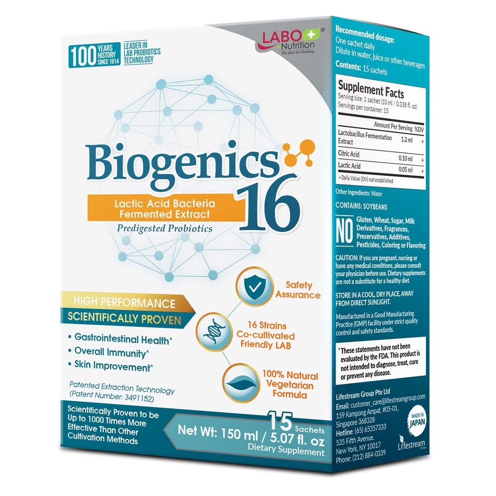 LABO Nutrition Biogenics 16-Lactic Acid Bakterier Gjæret Ekstrakt, 1000x Mer Effektiv, Gut Helsestøtte Beyond Probiotika & Prebiotika, Forbedre intestinal hud og immun helse, 10mlx15 poser