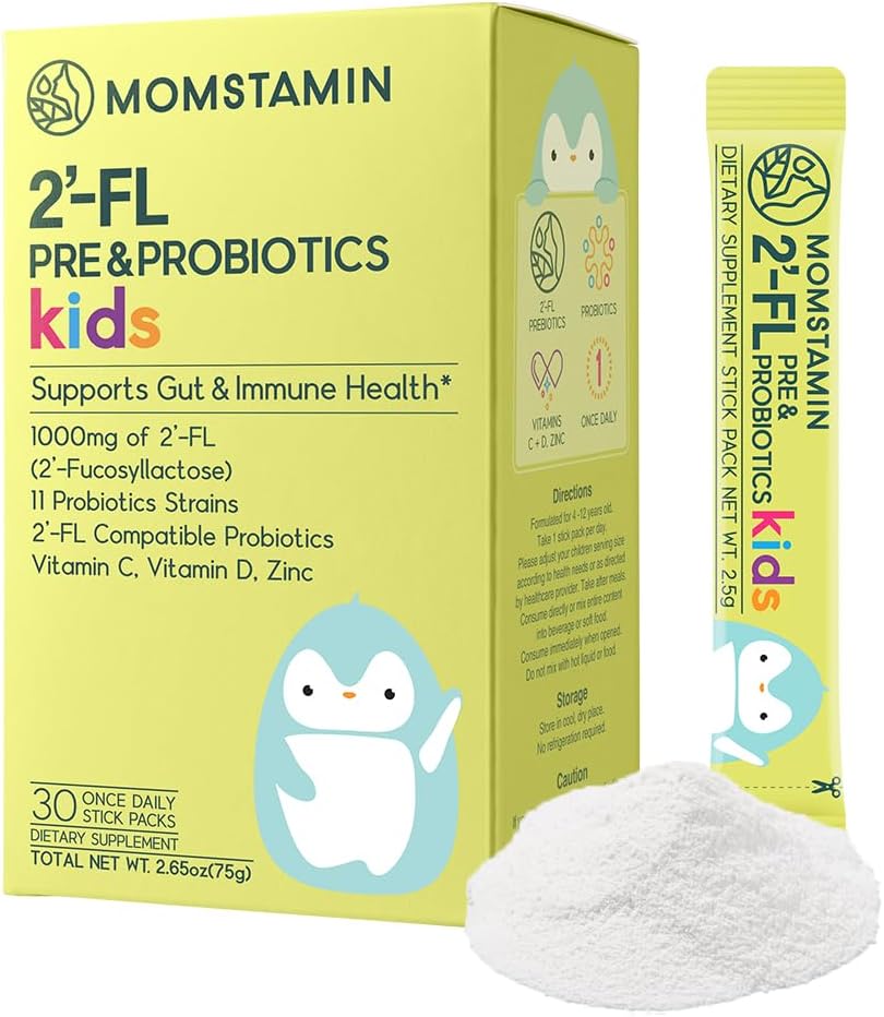 MOMSTAMIN 2'-FL HMO Prebiotika og probiotika for barn, 1000 mg Human Milk Oligosaccharid 2'-FL pulver, patentert 11 strimler, sunne gut mikrobiom, immun- og digestive tillegg, IBS Relief - 30 Sticks