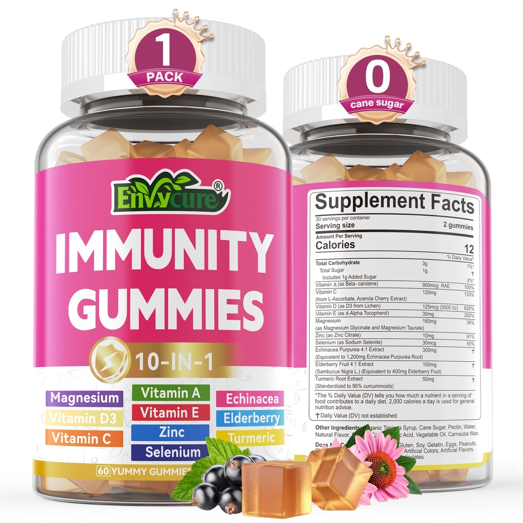 10 i 1 immunstøtte Supplement Gummies, w/Echinacea, Elderberry Vitamin C og Zink, Selenium, Vitamin D3 5000IU, Magnesium, Daglig immunforsterkning Multivitamin, for Antioksidant Bone Energi, 1 pakke
