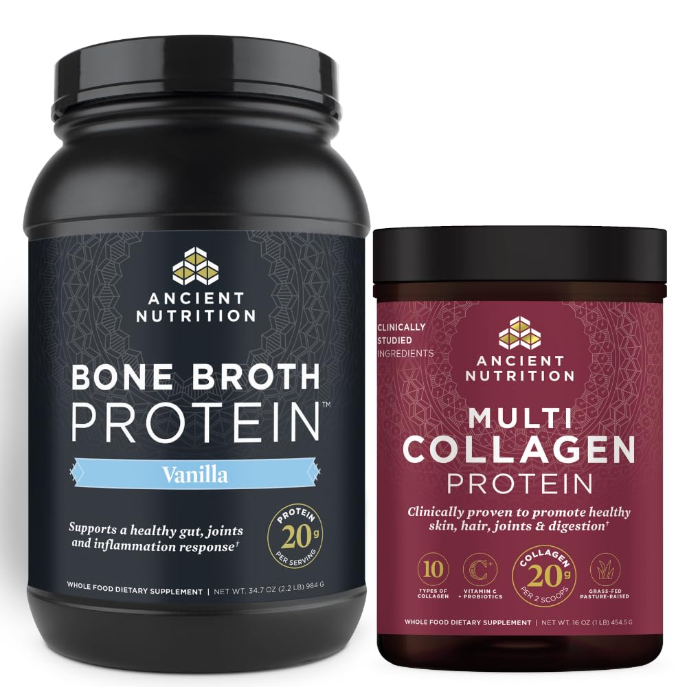 Gamle Nutrition Bone Broth Protein pulver, Vanilla, 40 Serveringer + Multi Collagen Protein pulver, uslavored, 45 Serveringer