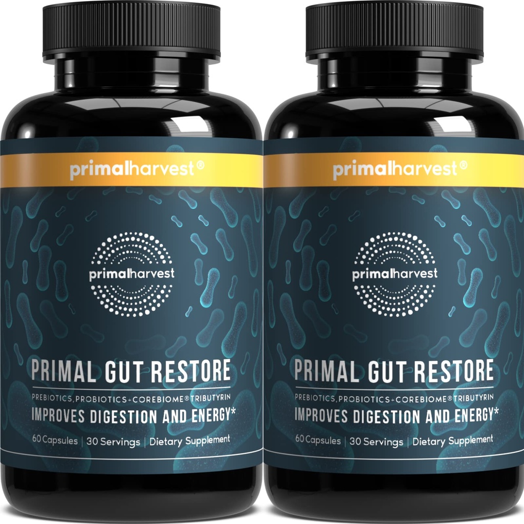Primal Harvest 2 Pack, Restore for Gut Helse, Primal Gut gjenopprette w/POSTbiotika, PREbiotika og PRObiotika for kvinner og menn, 60 CT - Digestion, Colon Cleanse, Hjelper Leaky Gut Repair