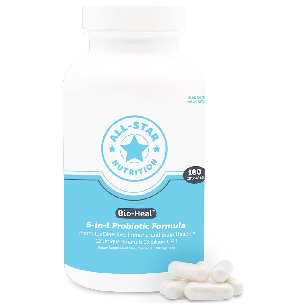 5-i-1 Bio-Heal® Probiotiske kapsler for barn, menn og kvinner - Beste kosttilskudd for hjernefunksjon, Gut Helse & Helse - Holdestabil og festet med vitaminer, mineraler og prebiotika