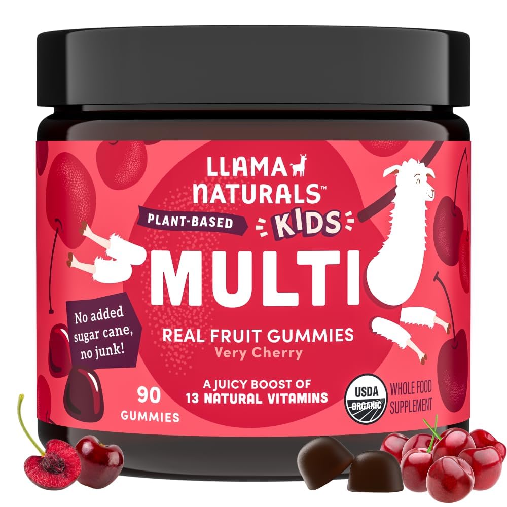 Llama Naturals Kids Multivitamin Gummies, Vegansk, Organisk med vitamin D, C & K, Toddler ekte frukt Gummy vitaminer, Chewable Supplement, Hele maten Multivitamin, Ingen lagt til sukker Cane, Cherry, 90 Ct