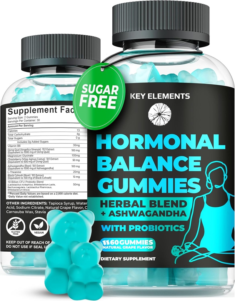 PMS Gummies Hormonal Balance Kosttilskudd for kvinner - Probiotiske PMS Vitaminer Menstruell Cramp Relief, Hot Flashes Menopause Support - PMS Relief med Dong Quai, Chasteberry, Black Cohosh & Ashwagandha
