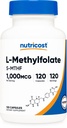 Nutricost Metylfolat 1000mcg, 120 vegetariske kapsler - Glutenfri, ikke-GMO (metylert folat)
