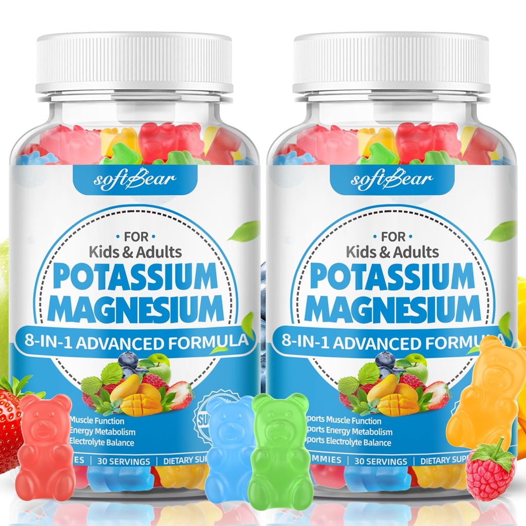 mykbear Sukker Gratis Kalium Magnesium Gummies for voksne barn, høy absorpsjon Kalium Supplement Gummies Støtter Ben Cramps & Muskel & Immune Helse, Delicious Blandet Frukt Flavor 120 Count