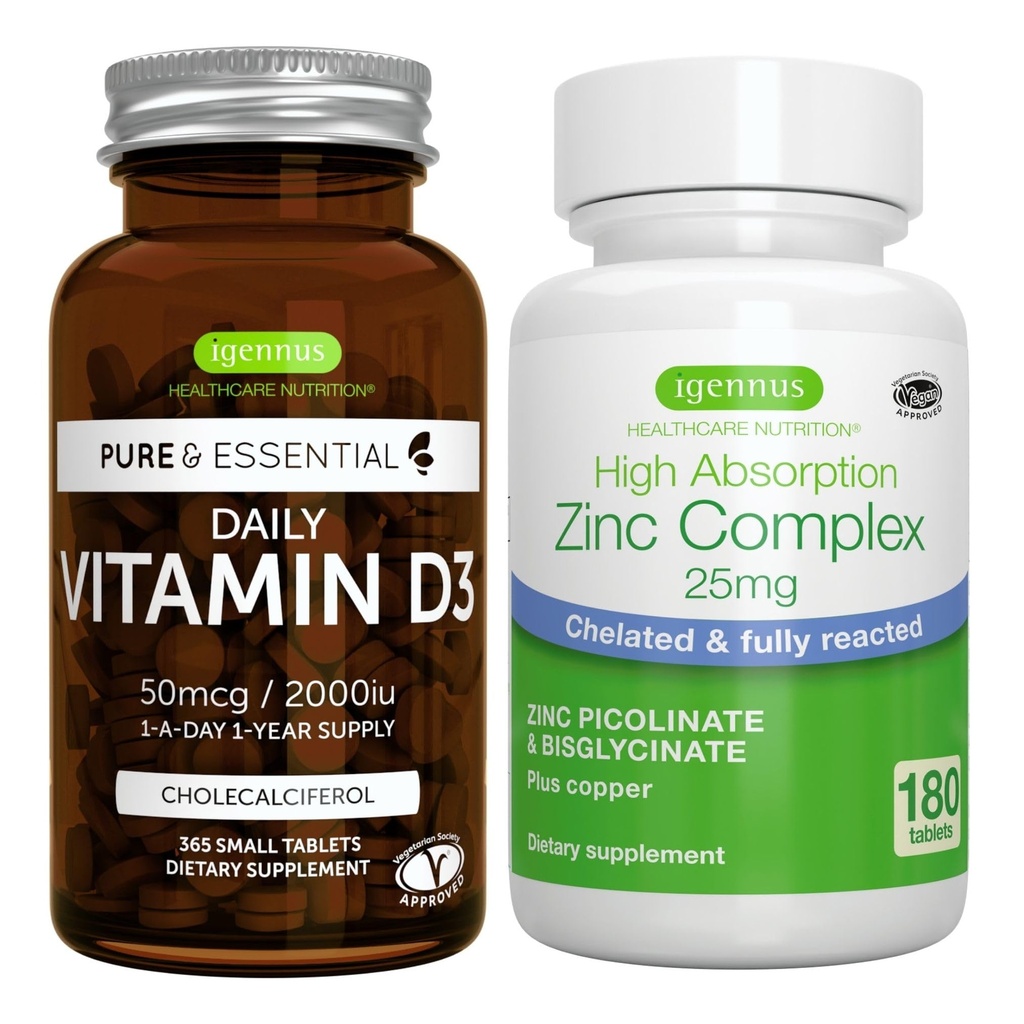 Daglig vitamin D3 + Sink komplekse vegetarisk bungle, 365 2000iu vitamin D3 tabletter + 25 mg Chelated sink Picolinat & Bisglycinate med kobber, av Igenus