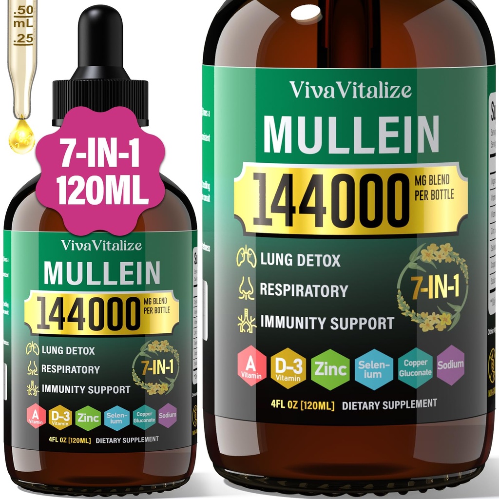 Mullein Drops for Lungs,144000mg Mullein Leaf Extract for Lungs Cleans & Respirasjonsfunksjon Sunn pusteimmune, Digestive System, Naturlig Herbal Supplement Sukker & alkohol-fri, 120-dagers forsyning