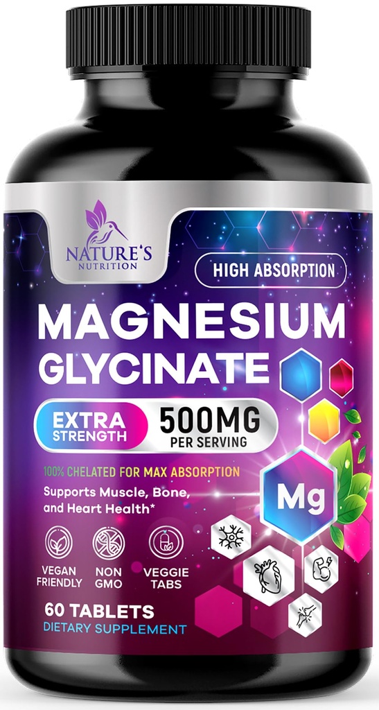 Magnesium Glycinate 500mg - Chelatert for ultraabsorpsjon - støtter bein, muskler, nerver og hjerte helse, Naturens søvnstøtte, beste magnesiumtilskudd piller for hele kroppen støtte - 60 tabletter