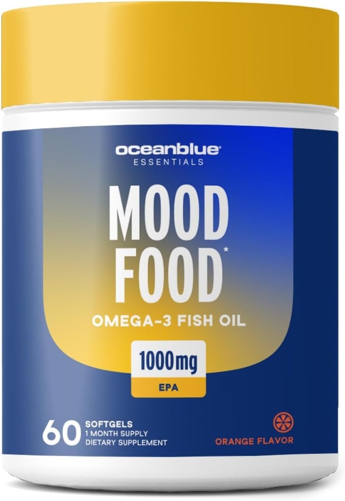 Oceanblue Essentials Mood Food Omega 3 | Triple Strength Fish Oil 1000mg EPA for Mood Support | Burpless Mini Softgels | hjertehelse, ikke-GMO (60 greve)