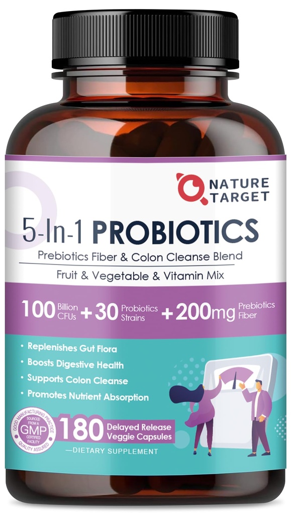 NATURE TARGET Probiotika for kvinner-Men digestiv helse, Mens-kvinner probiotika med prebiotika, 100 milliarder CFU for gut og immun helse, 180 Veggie kapsler (90 dagers forsyning)