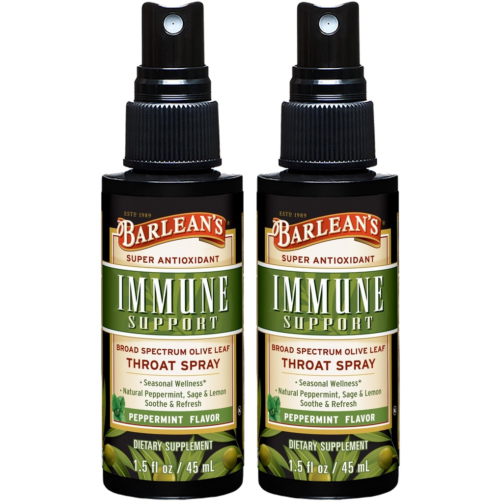 Barlean 2 Pack Olive Leaf Complex Throat Spray med peppermynte, sitron og salvie for itchy Throat Relief, immunstøtte Supplement, flytende blandet ekstrakt, 1,5 oz