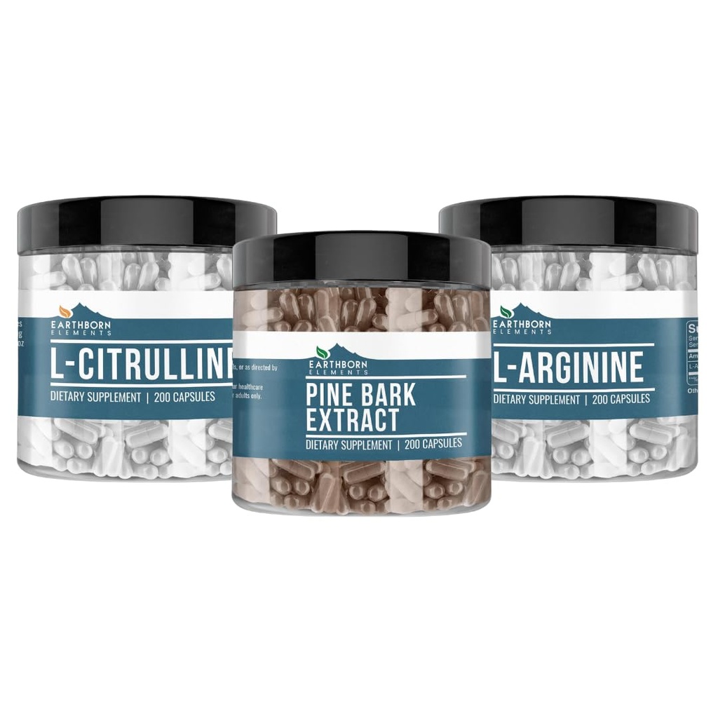 Jordbårne elementer Pine Bark, L-Arginine, & L-Citrulline Capsule Bundle, 200 kapsler Hver, ren og ufortynnet, Ingen additiver
