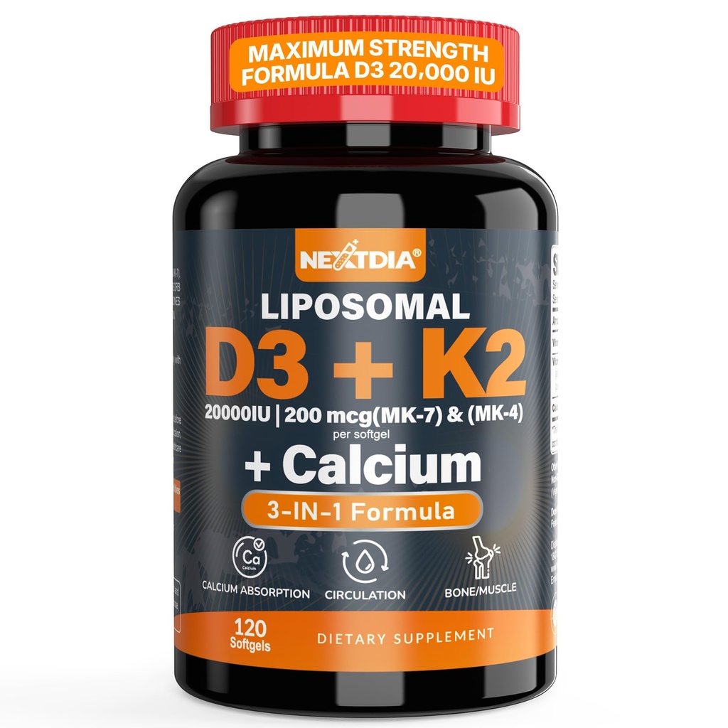 Vitamin D3 20.000 IU + vitamin K2( MK7 )200mcg - Optimal Vitamin D3 & K2 Softgel - Sterke bein og muskler, kalsiumabsorpsjon og immunstøtte, som hjelper vitamin D-mangel, lett å svelge, ikke GMO
