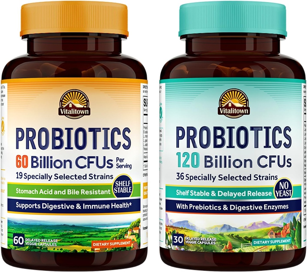 Vitalitown Probiotic Bundle (Pack of 2) | Probiotika 60 milliarder CFUs (Item 1) & Probiotika 120 milliarder CFUs (Item 2)