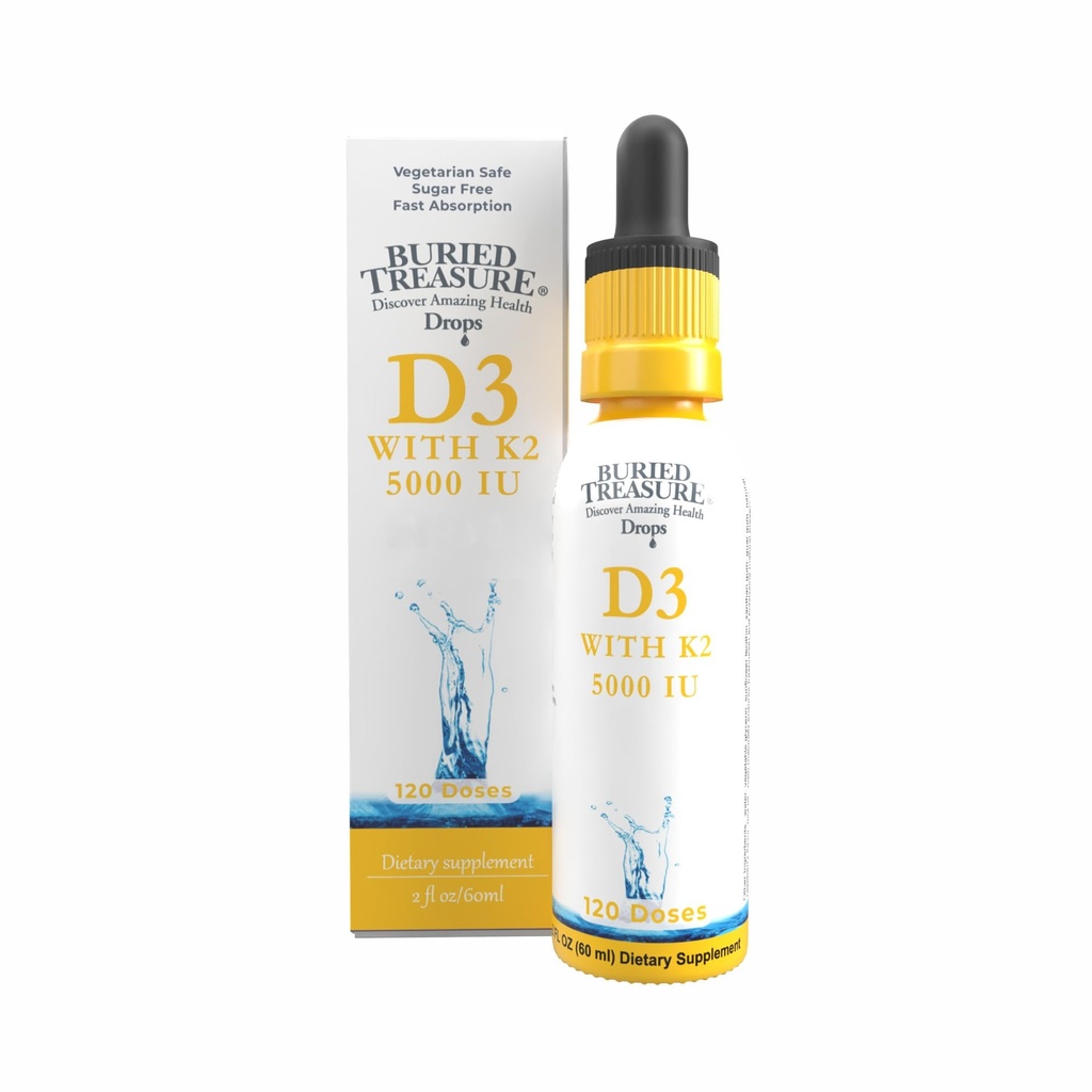 Buried Treasure vitamin D3 & K2 Drops - 5000 IU D3 med 100 mcg K2 for bein, hjerte og immun støtte, sukker gratis, 2 fl oz