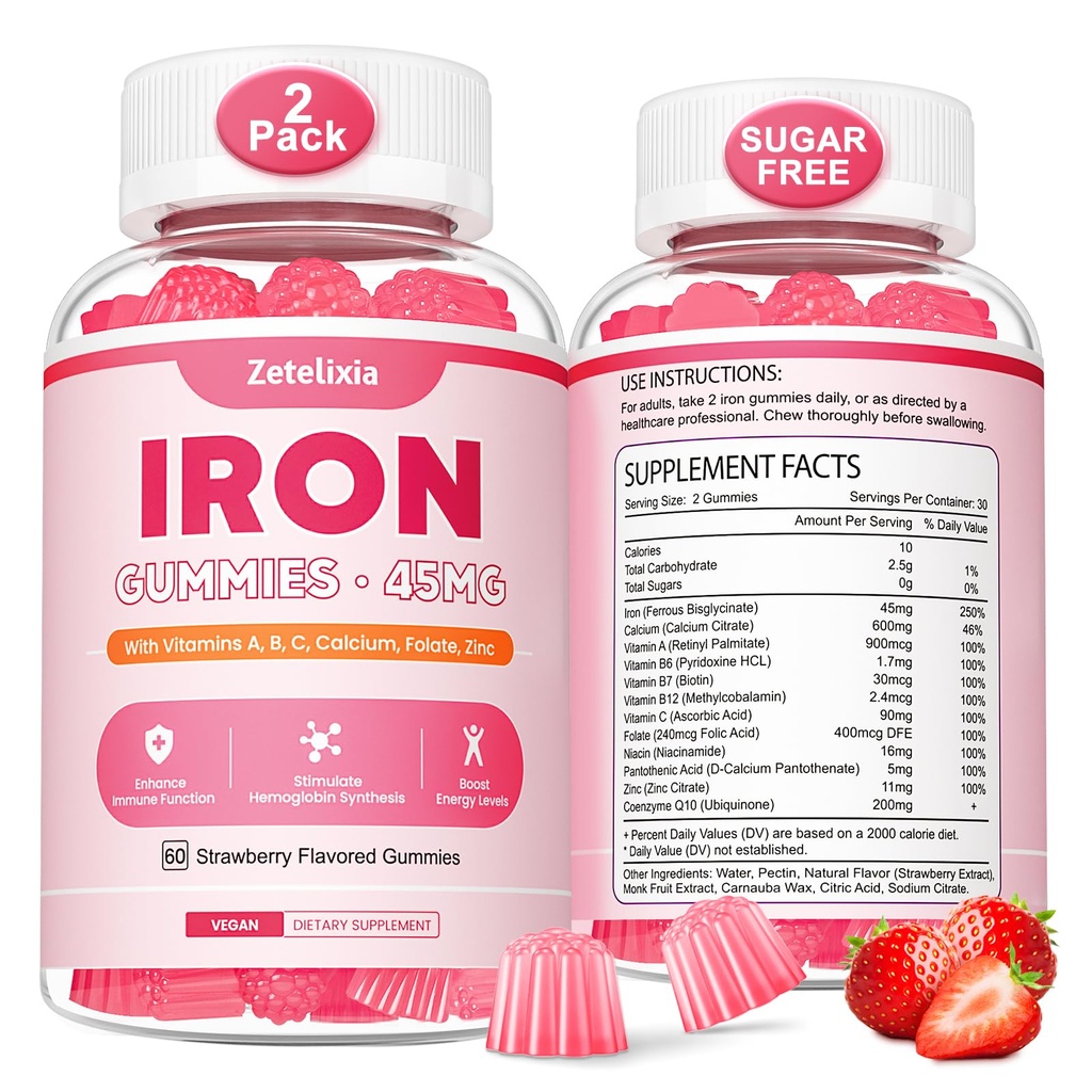Vegan 2 Pack Iron Supplement Gummies for kvinner og menn, Anemi, Blodbygger og energi støtte for jernmangel, med vitamin C, A, B kompleks, folat, CoQ10, sukkerfri, ikke-GMO, 120 greve