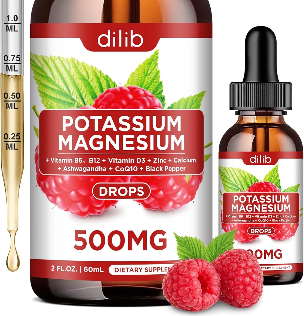 Kalium Magnesium Citrat Supplement, Flytende Magnesium Citrat Drops 500 mg med Ashwagandha, Kalsium, Sink, vitamin D3, B6, B12, CoQ10 - Vegan 2 fl oz bringebær Flavor