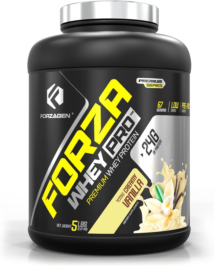 Forzagen Whey PRO Lav karbohydratpulver | 24g protein per servering, Ingen tilsatt sukker, Glutenfri, Premium Whey for rister og blandinger for menn og kvinner, BCAA vanilla, 5 lbs. (67 serveringer)