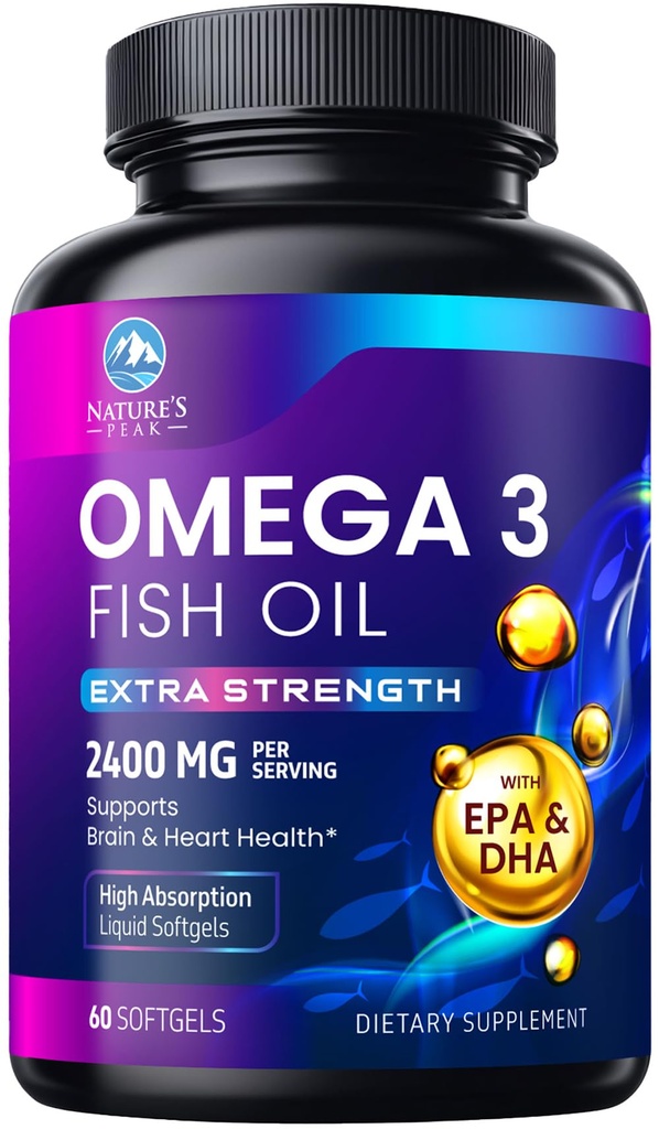 Omega 3 Fish Oil 2400 mg Supplement, Sustainabilly kildet, Triple Styrke Omega-3 Supplement Softgels, Hjerne Helsestøtte, EPA & DHA Fiskeolje fettsyrer Kosttilskudd, Gluten & GMO Gratis, 60 Softgels