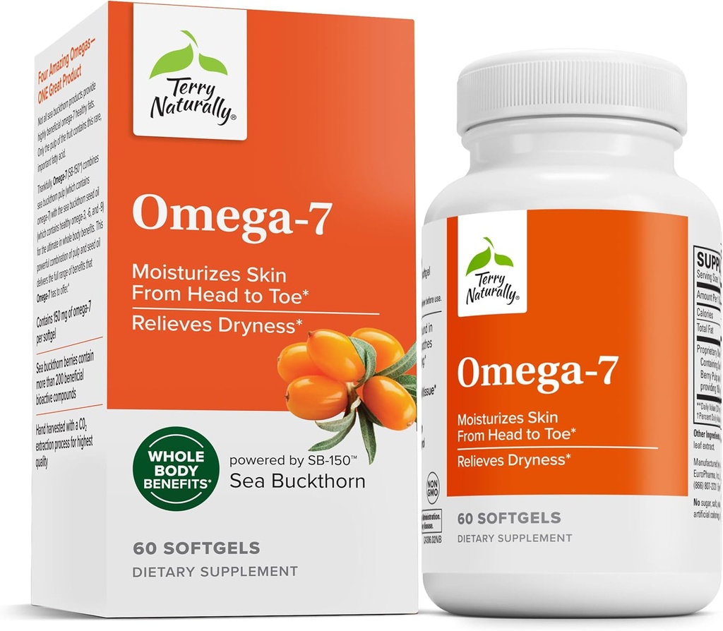 Terry Naturally Omega-7 - Diett Supplement med essensielle fettsyrer - ernæringskosttilskudd for å støtte hudens helse med Sea Buckthorn, Berry Pulp & Seed Oil - 60 Softgels (Pack of 2)