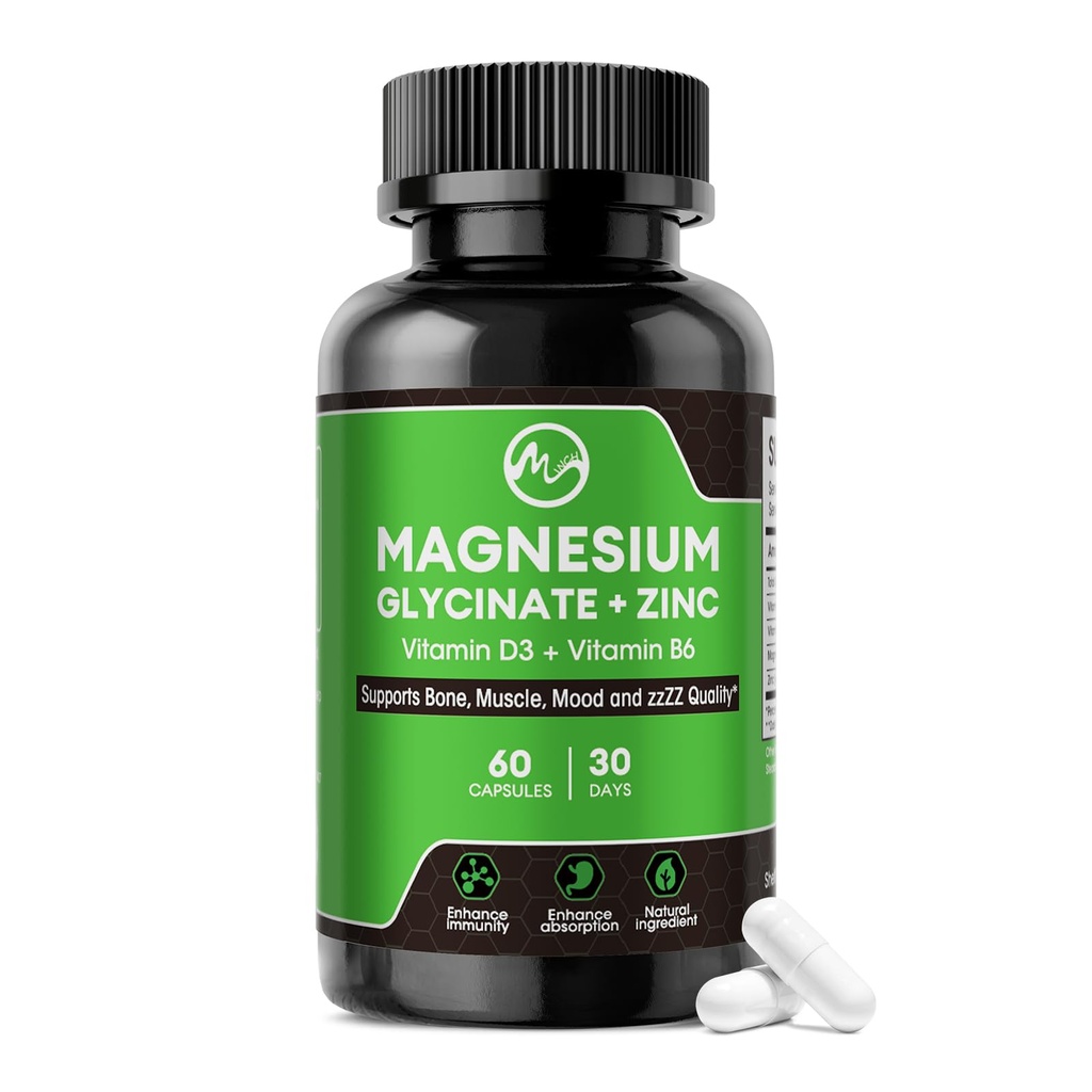 Magnesium Glycinate Capsules, Magnesium Glycinate Supplement med sink, vitamin D3 & B6 - Fremmer Nerve, Bovel, Avslappende funksjon - 60 Vegan Kapsler