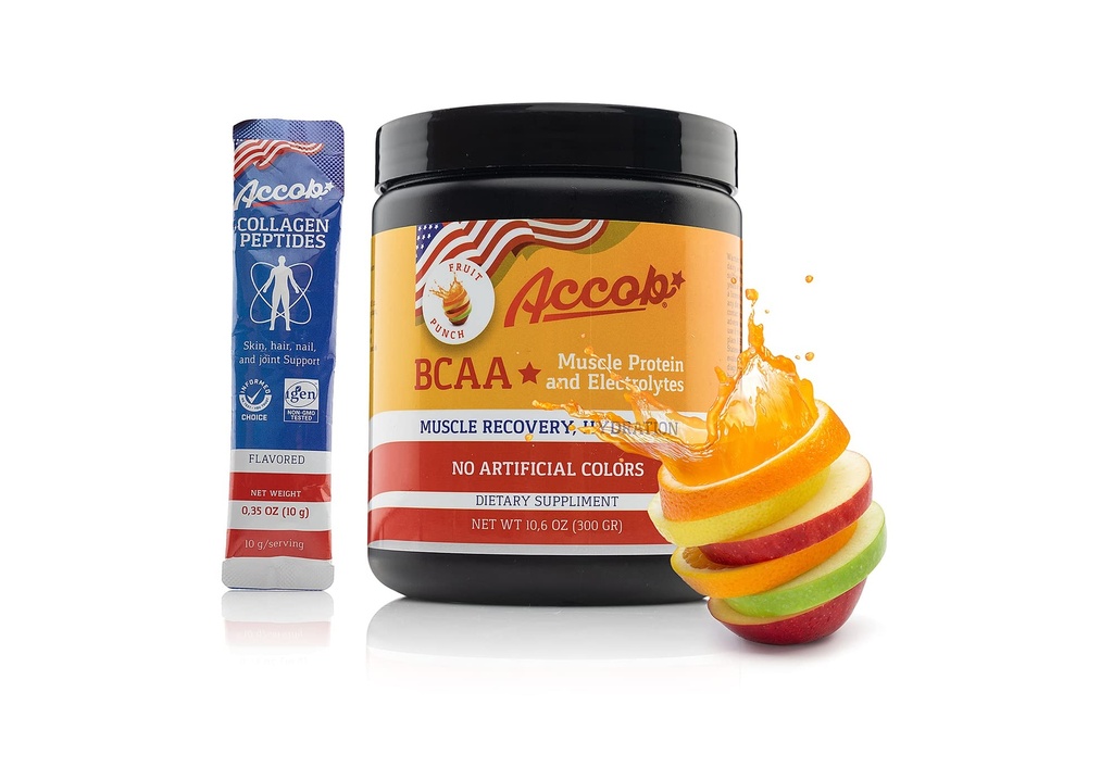 BCAA Powder Fruit Punch-Pre eller Post Trening,Muscle Recovery Drink med Aminosyrer + Electrolytes,7,2g BCCAs for menn og kvinner-30 Serverer +10g Collagen Peptider