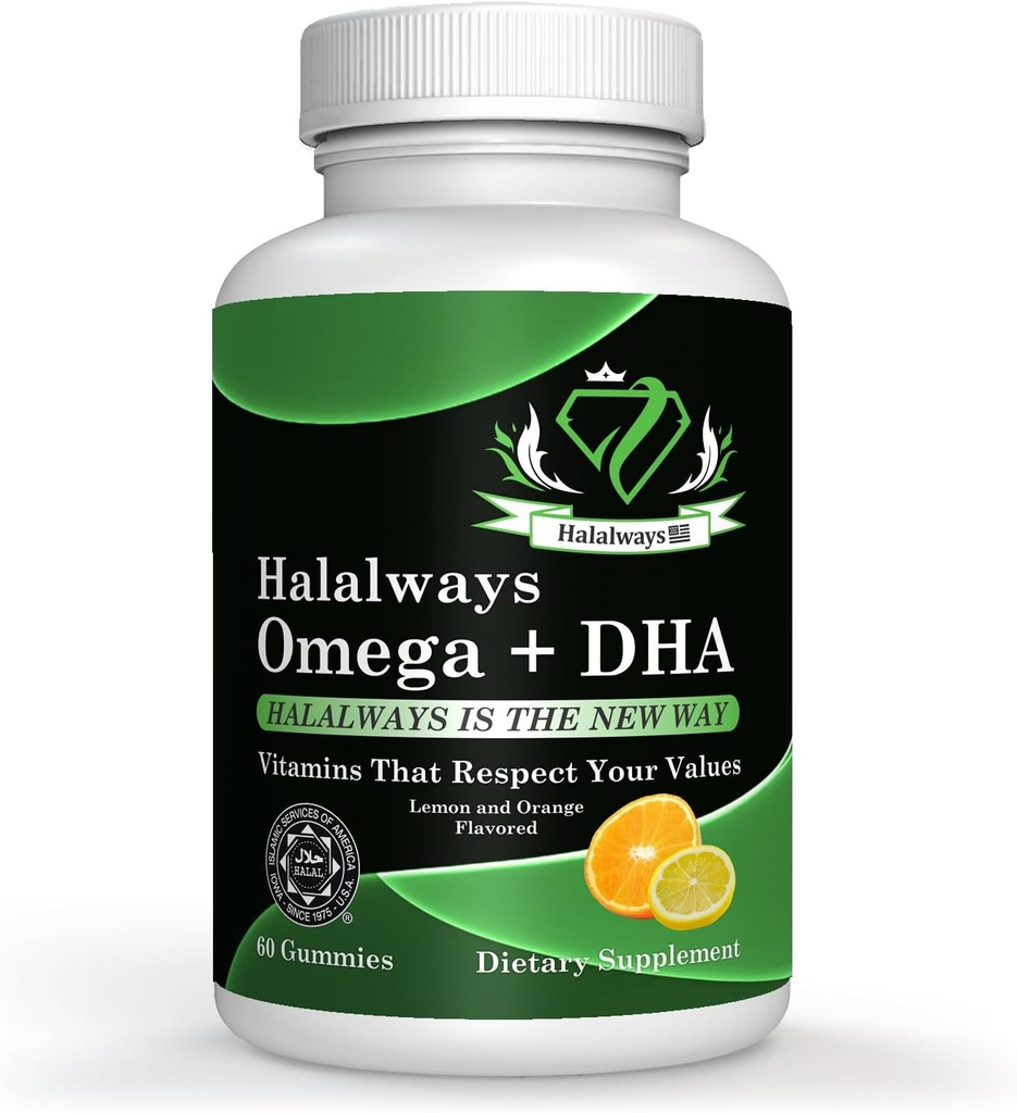 Halalways Omega + DHA Gummies - Trippel styrke Omega 3 Fish Oil Gummy Vitaminer med DHA fettsyrer, Naturens hjerte helse, oransje og sitron flavor sertifisert Halal Supplement