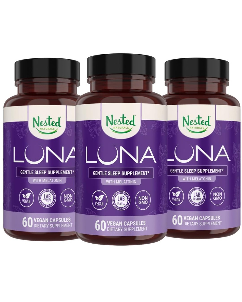 Nestet Naturals Luna Herbal Sleep Supplement med Melatonin, Valerian Root, Kamille | 180 Vegan Kapsler (3-Pack) - 60 Kapsler per flaske