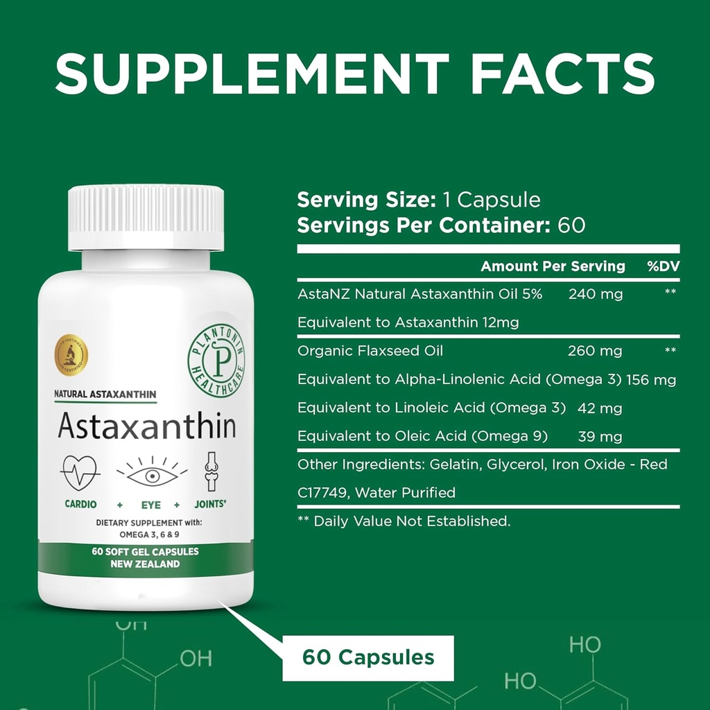 New Zealand - Astaxanthin 12mg fra Microalgae Haematococcus Pluvialis - 60 Soft Gels - GMO & Glutenfri - Antioksidant - Støtter Joint Mobility & Post Trening Recovery, Hud & Eye Health