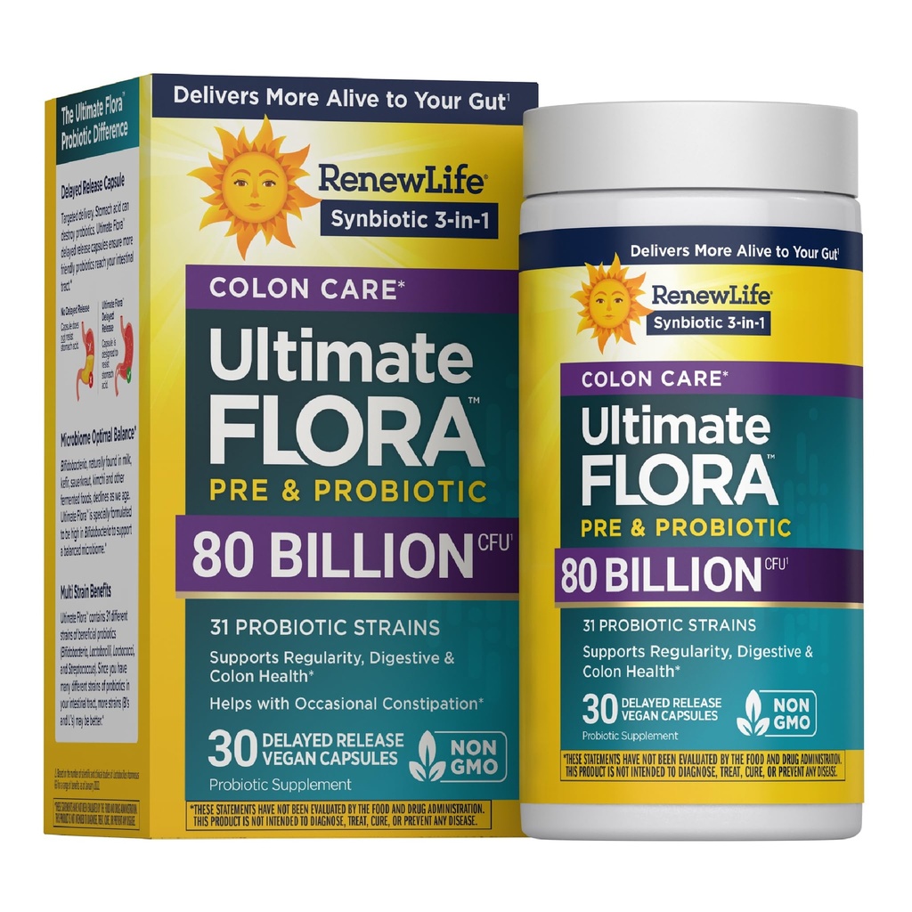 Renew Life Probiotic Colon Care Probiotic Capsules, Daglig Supplement Tilbyr Colon Support, L. Rhamnosus GG, Dairy, Soya og glutenfri, 80 milliarder CFU, 30 greve