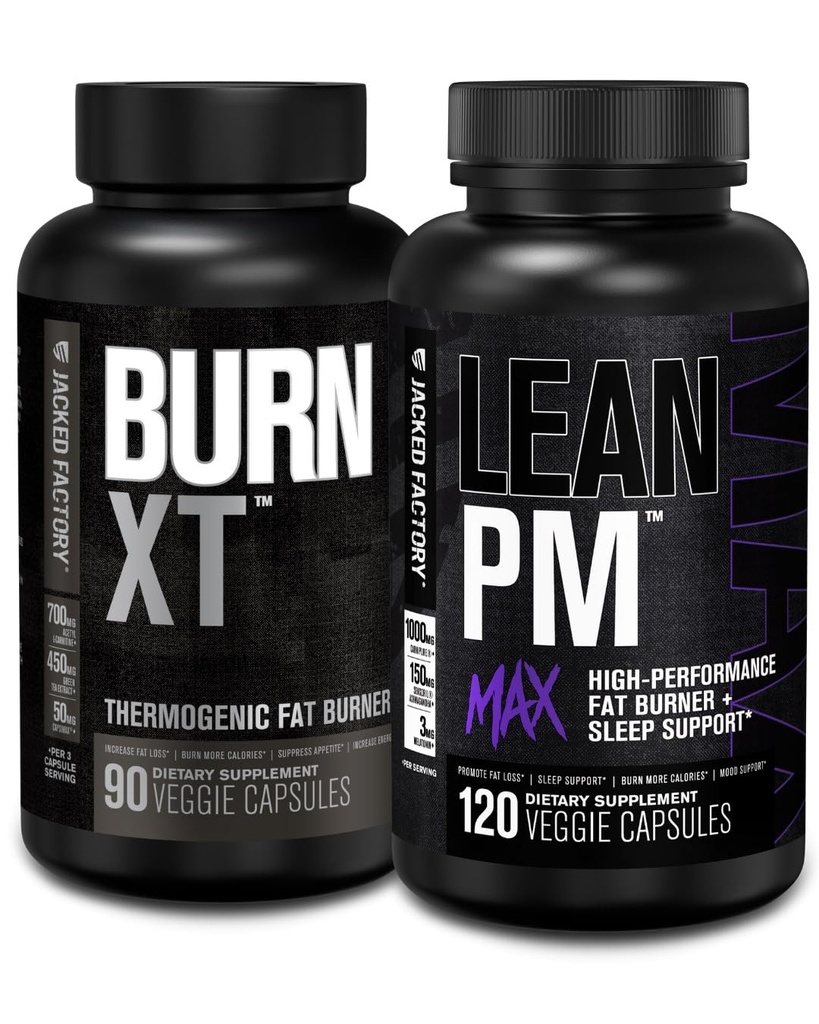 Jacked Factory Burn XT termogene fettforbrenner - Appetitt Suppliant & nootropisk energi Booster (90 kapsler) & Lean PM Max høy-performance vekttap, søvnstøtte | (120 kapsler)