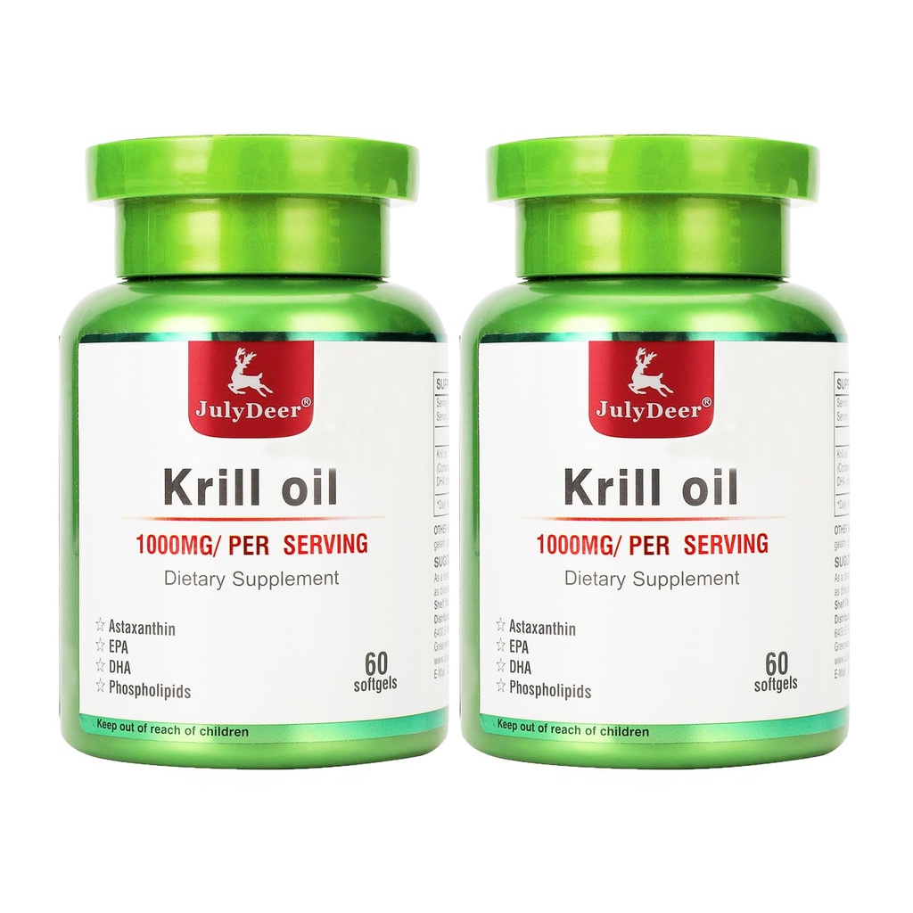 2 flasker Antarktis krill olje 1000 mg med Omega-3s EPA, DHA, Astaxanthin og fosfolipider 60 Softgels Supplement Ingen fiskelig ettersmak for ledd, hjerte, hjerne og immunitet - 120 Softgels