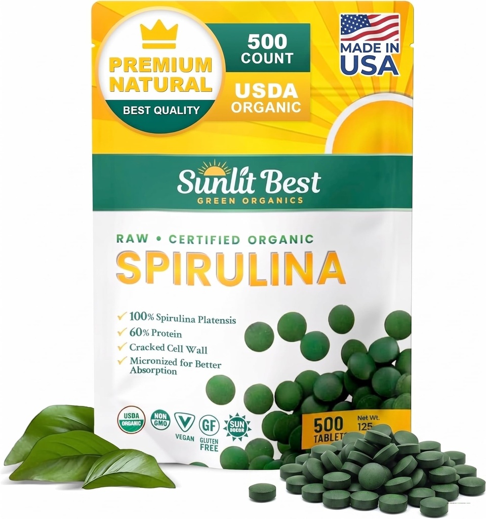 Sunlit Best Spirulina Tabletter - Organic Spirulina Tabletter USDA Premium 500 Telling - Naturlige Spirulinas Organic Burst For Immune Support Muskelvekst, Energiforbedret w/Chlorophyll - høy protein, ikke GMO
