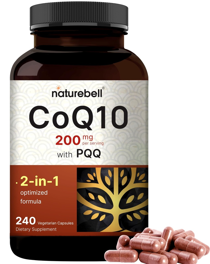 NatureBell CoQ10 200mg med PQQ, 240 Veggie Capsules | Stabil høy absorpsjonsform – Antioksidant støtte for hjerte, og energi helse – ekstra styrke coenzym Q10 Supplement